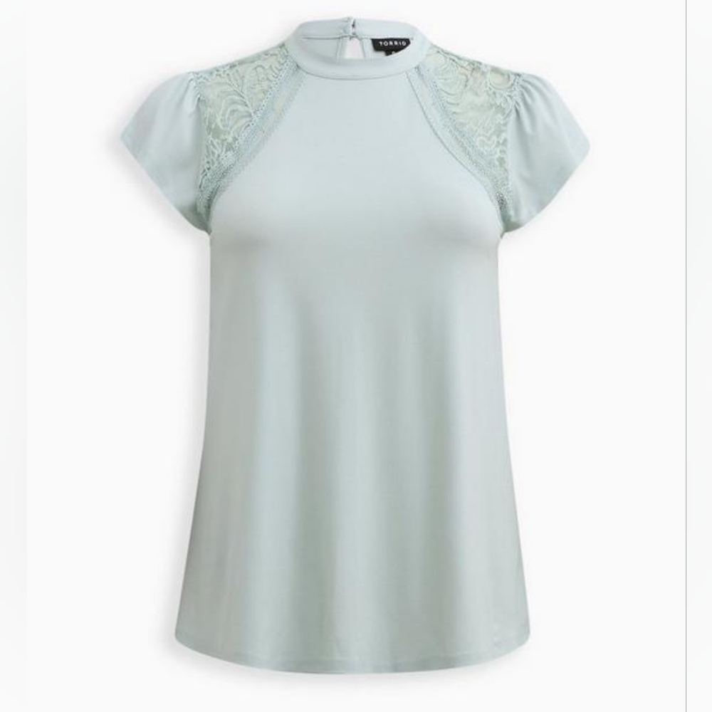 Torrid plus lace shoulders mock neck jersey knit top, 5X, mint blue/ aqua - Picture 4 of 13